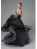 Off Shoulder Black Pleated Tulle Wedding Dress